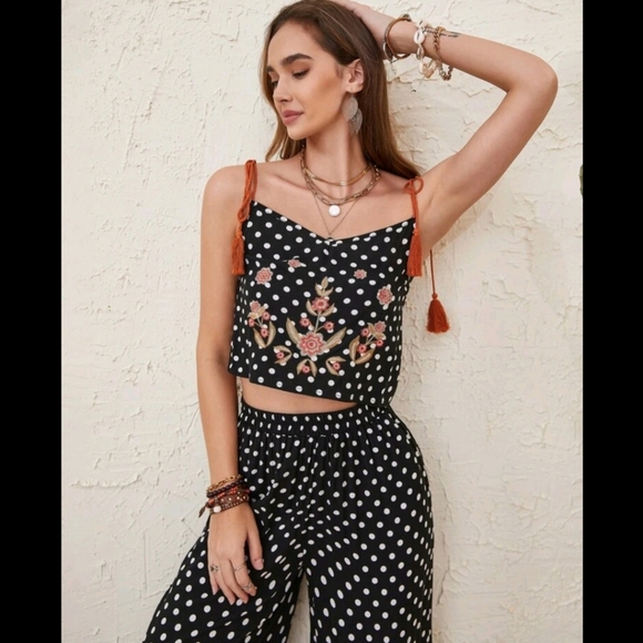 Polka Dot Floral Embroidered  Cami Top & Wide Leg Pants - Picture 6 of 8